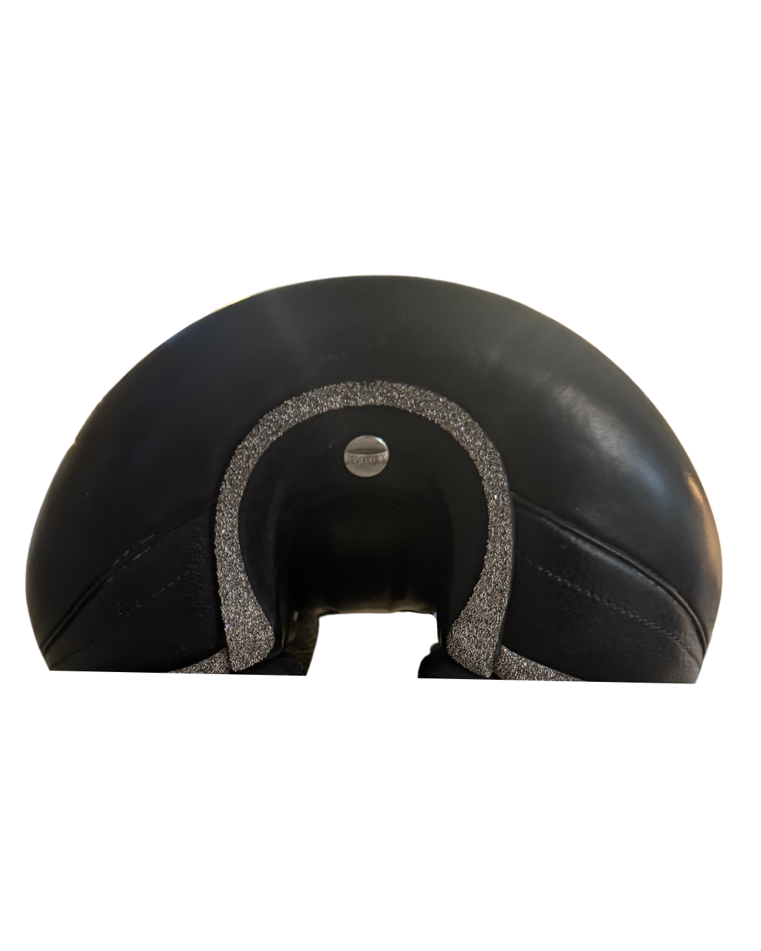 Black leather saddle with a metallic buckle on a white background