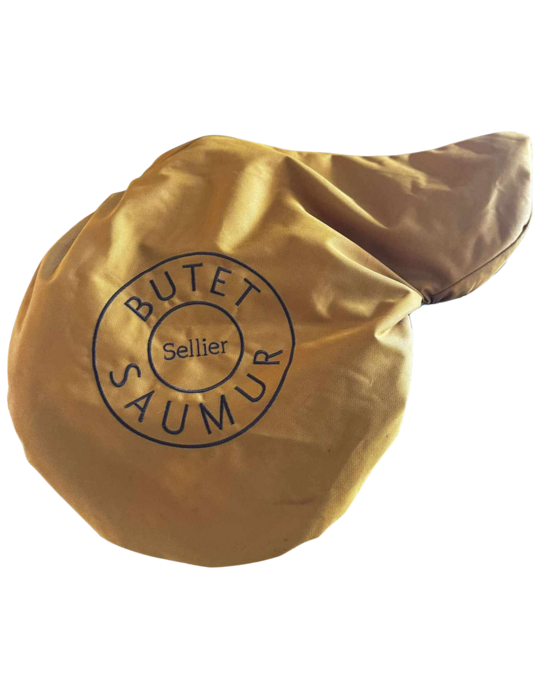 Gold leather horse bridle cover with 'Butet Saumur' branding on a white background