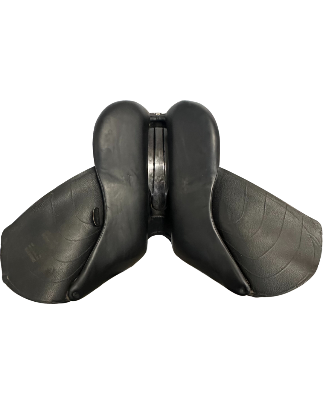 Side angle view of black leather saddle