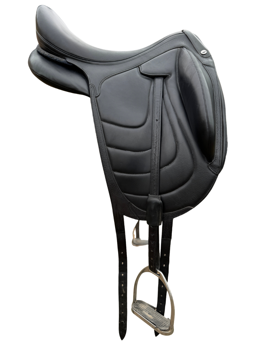 Gray equestrian saddle with stirrup on a white background