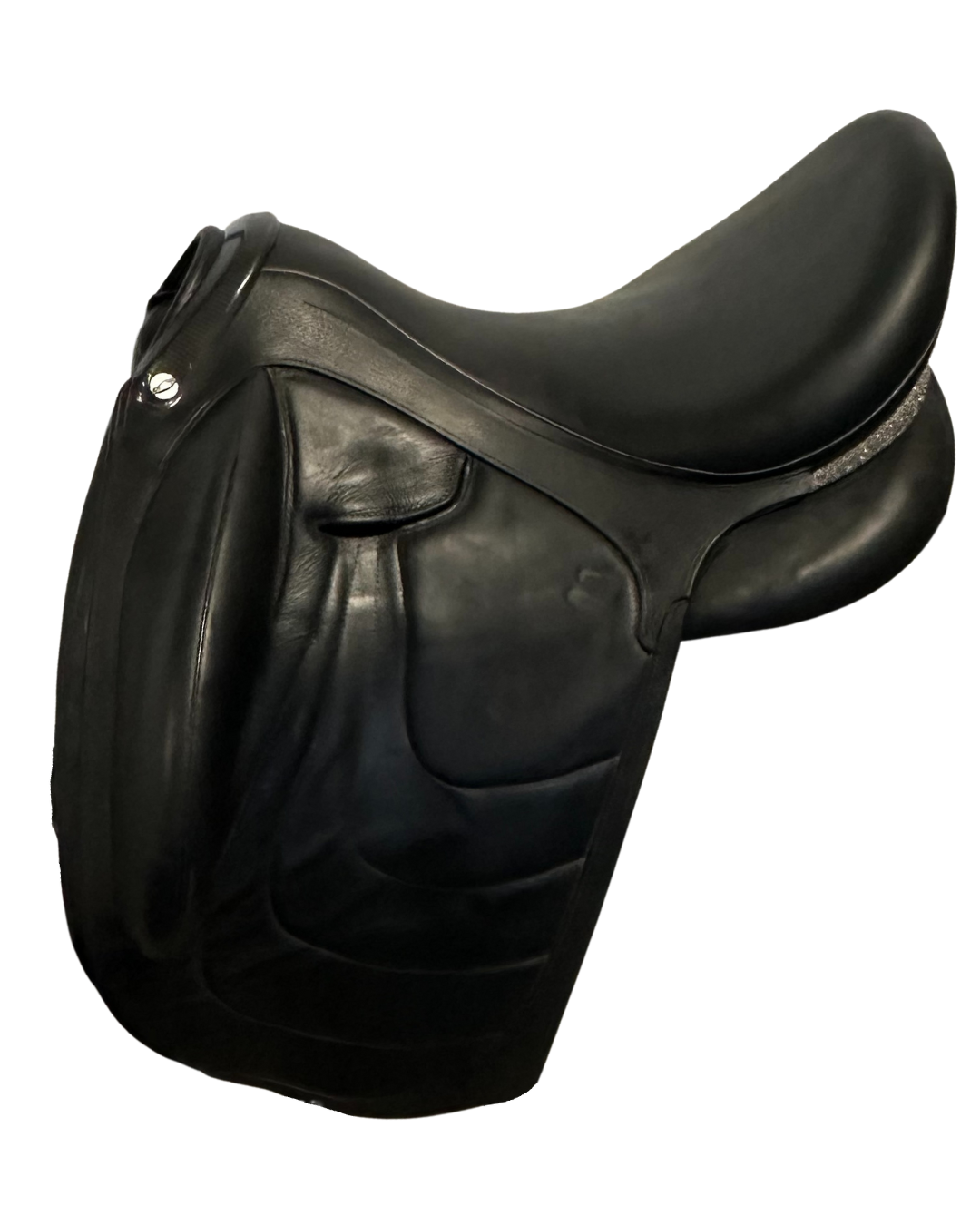 Black leather saddle on a white background