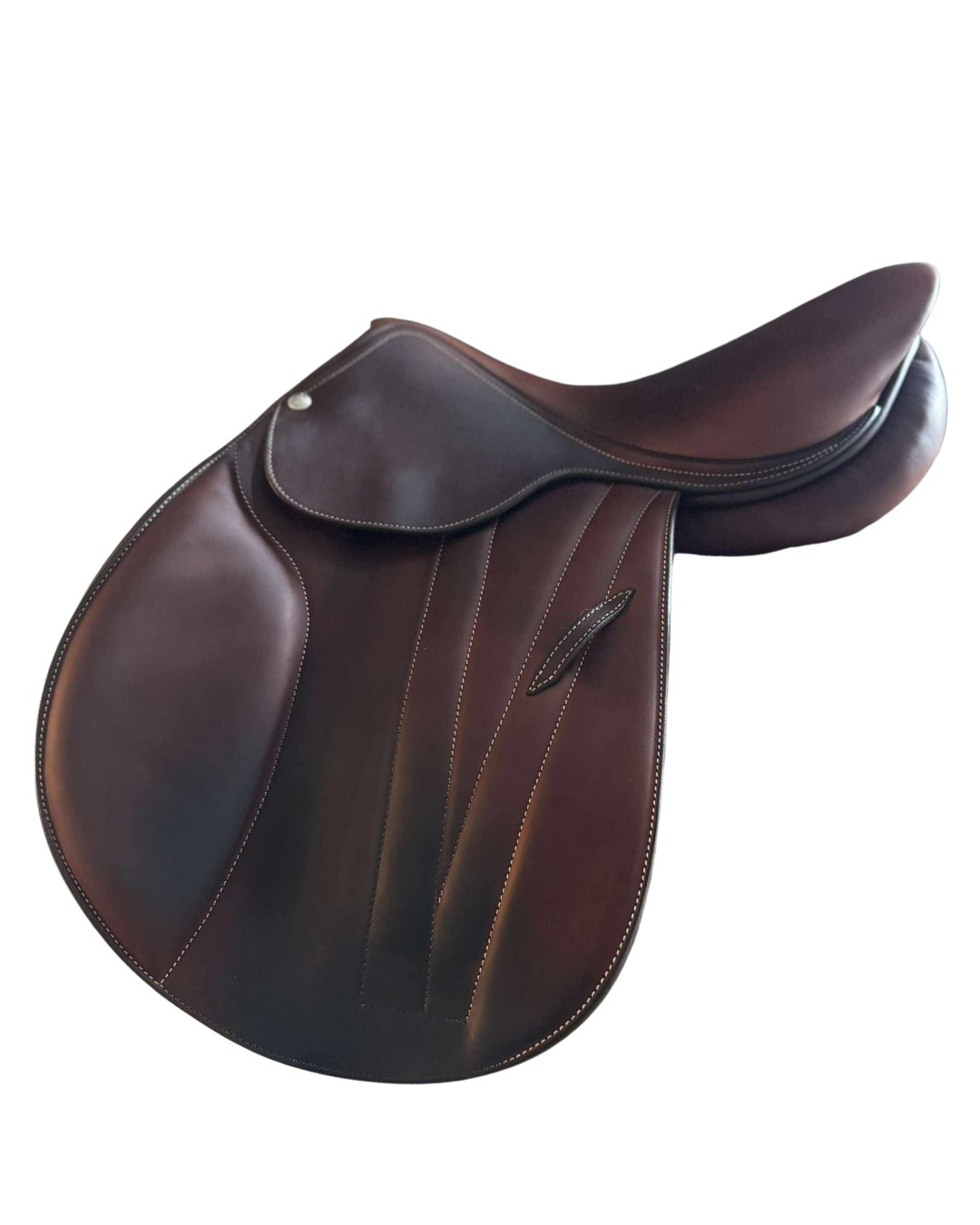 Brown leather saddle on a white background