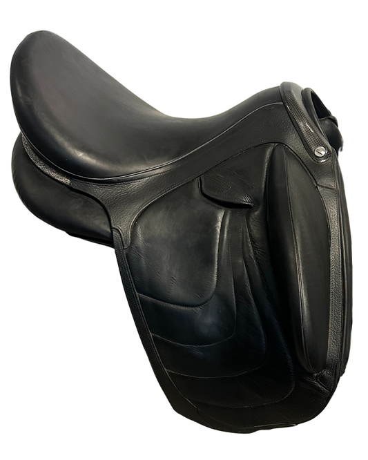 Black leather saddle on a white background