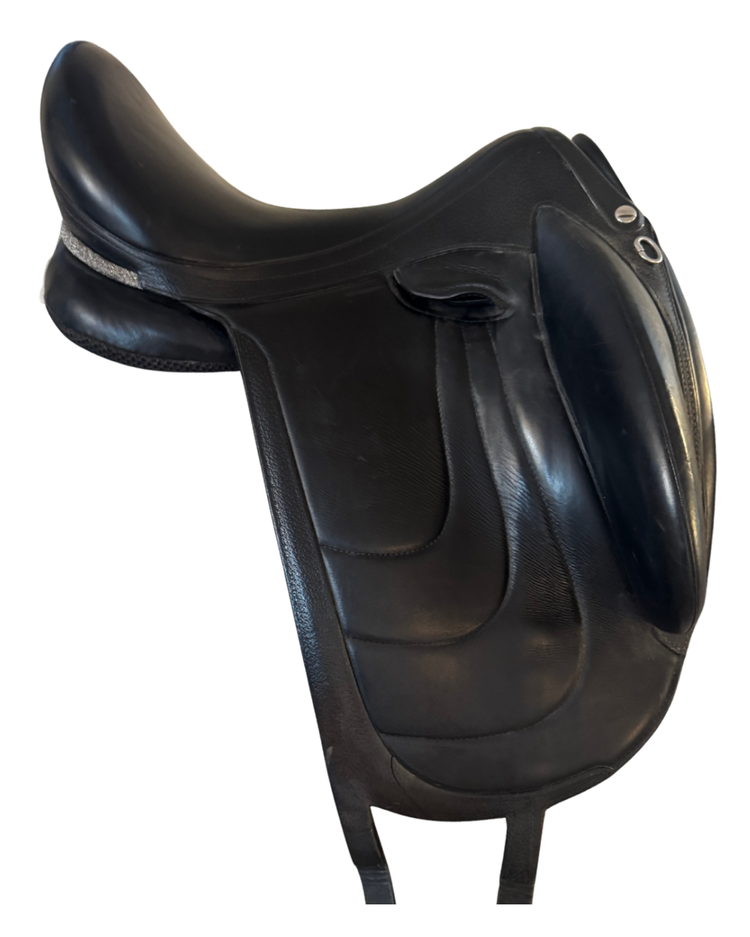 Black leather saddle on a white background