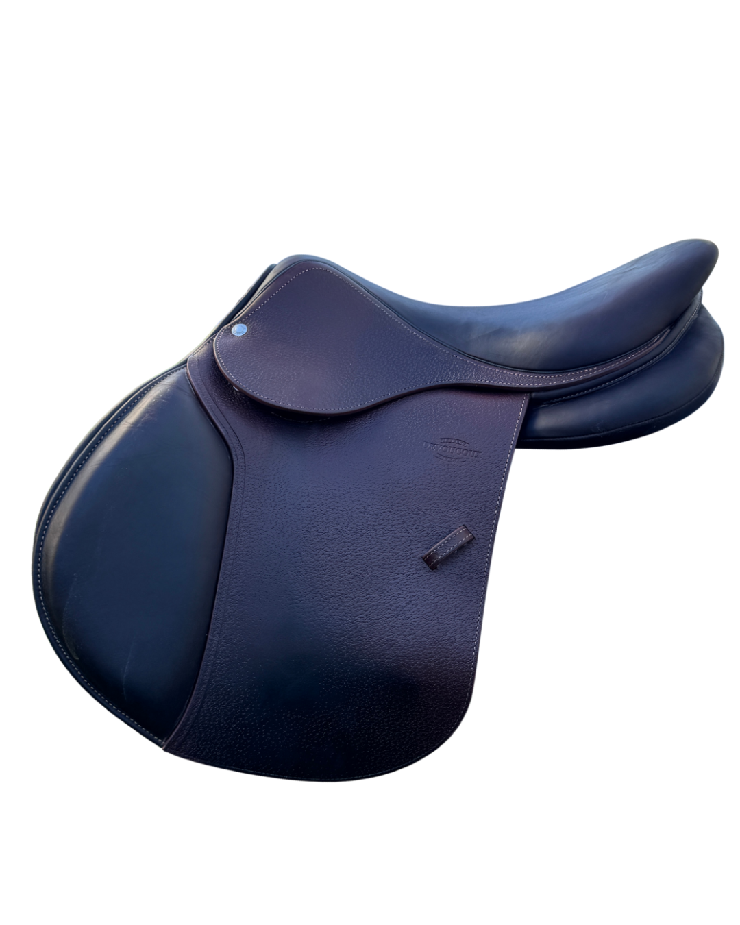 Navy blue leather saddle on a white background