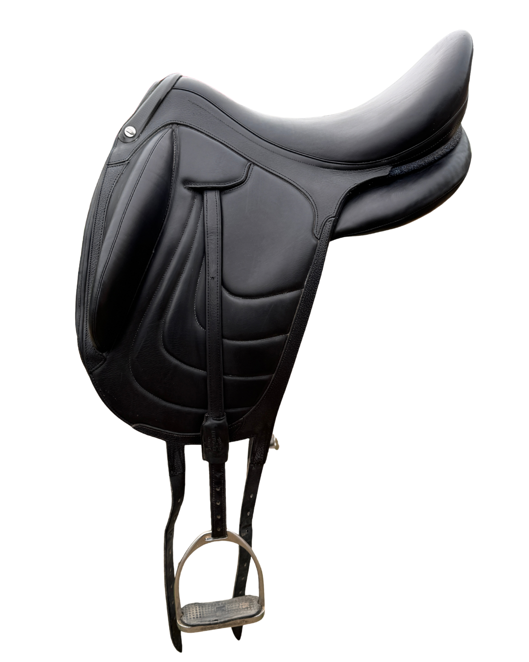 Black equestrian saddle with stirrup on a white background