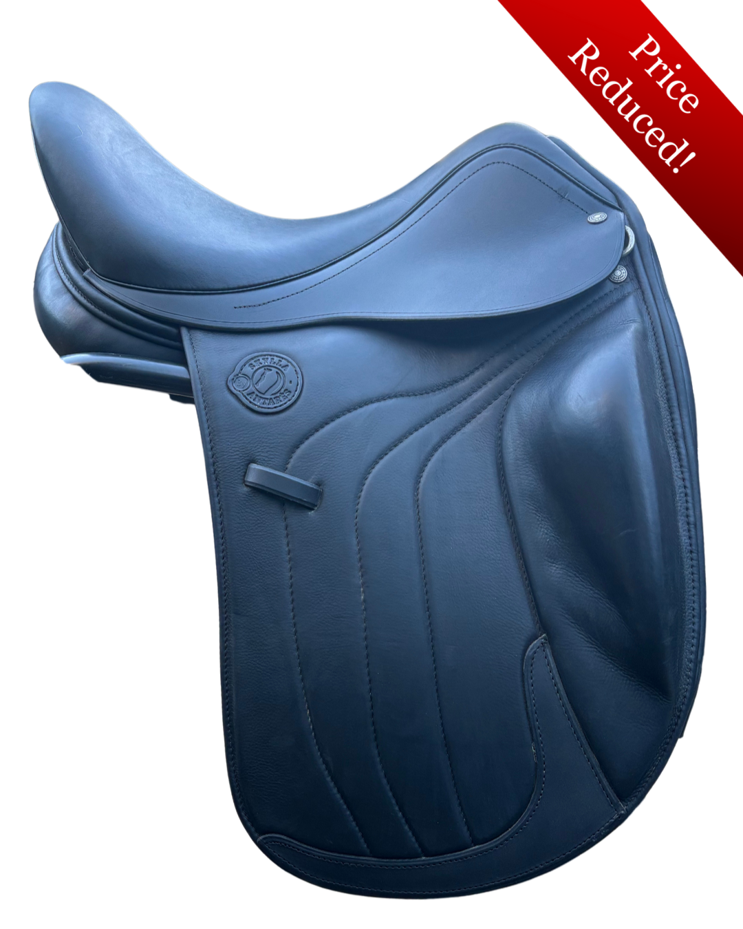 Blue equestrian saddle with a price reduced banner on a white background, Antarès Sellier brand